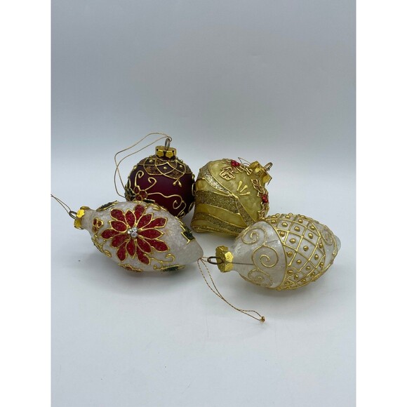4 Embellished Frosted Glass Christmas Ornaments Elongated Poinsettia Holly Gold - Picture 11 of 11
